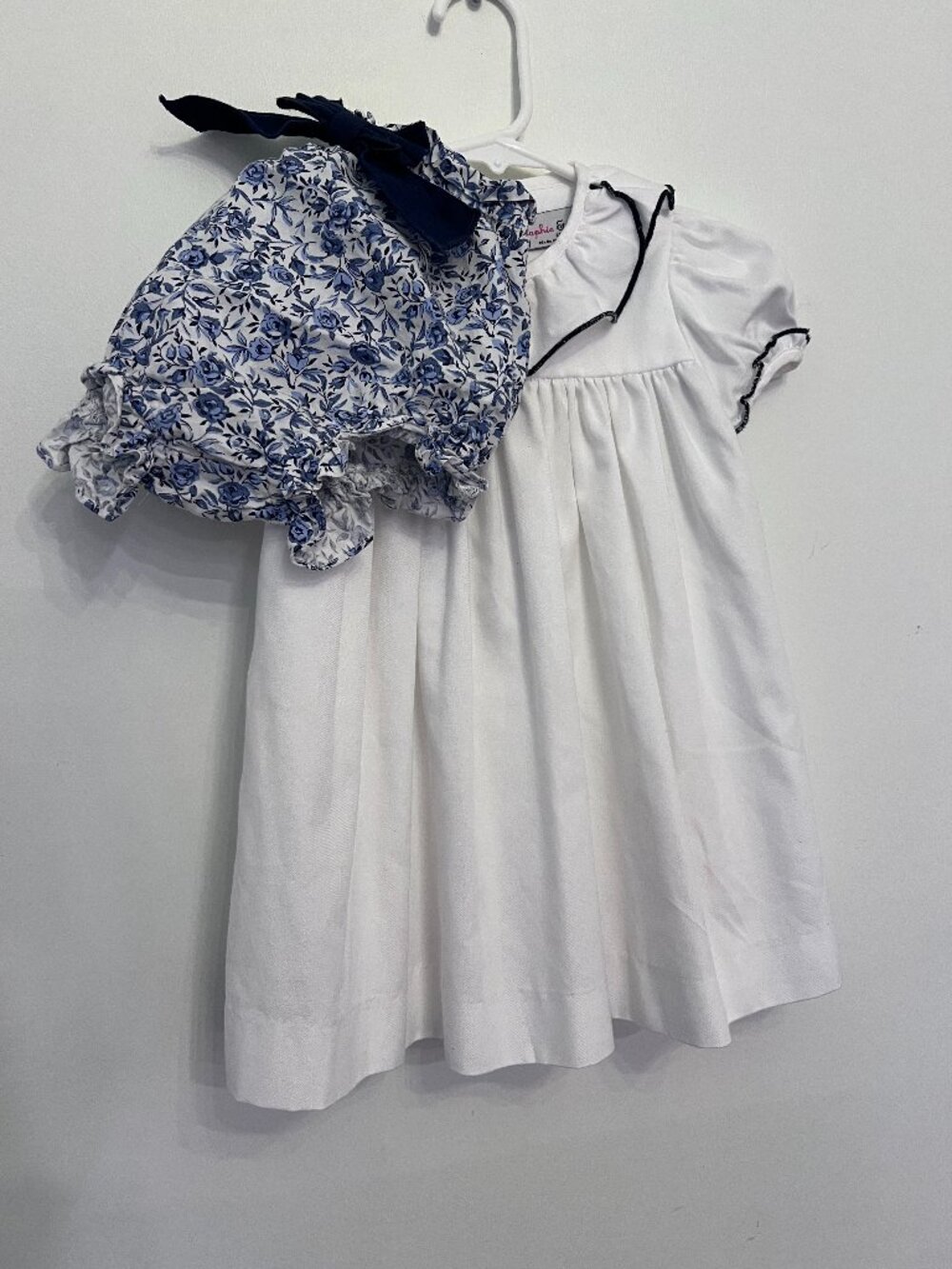 Sophie & Lucas Classic White Dress & Blue Floral Bloomer Set - Size 24M